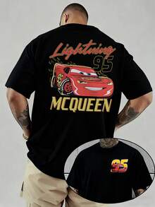 (Genuine Authorization) 1 Disney Men's T-Shirt, Racing Story McQueen Flame Pattern Men's Short-Sleeved T-Shirt, Round Neck Casual And Comfortable T-Shirt, Breathable And Light, Suitable For Sports And Leisure Wear, Spring And Summer T-Shirt, Suitable For Gifts, Suitable For Travel And Parties. - 黑色 - 查看 1