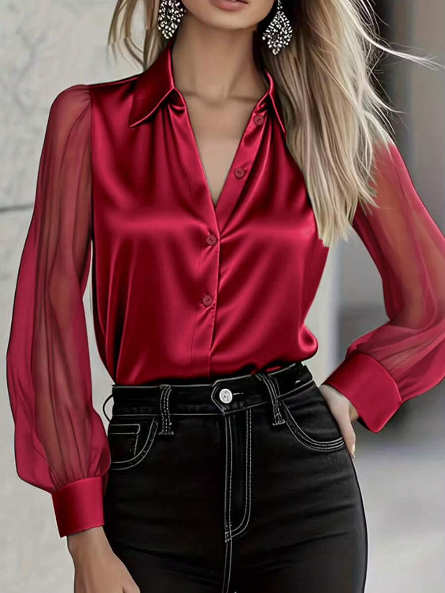 1 chiếc áo kiểu nữ màu trơn bằng vải satin, cài cúc phía trước, thanh lịch, thời trang, tay dài, phối lưới, thích hợp cho công sở, du lịch, mặc hàng ngày, lễ hội, mọi mùa xuân. - Rượu vang đỏ - Xem 1