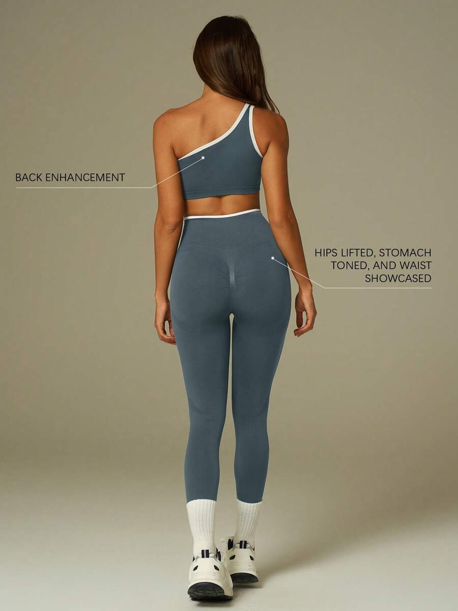 UONNOU 2-Pieces Women's Sportswear One Shoulder Top And Trousers Shaping Set, Women's Outdoor Casual Wear, Sportswear, Shaping Wear, Tight-Fitting Wear, No Cup, Suitable For Sports And Outdoor Activities, Yoga, Gym, Running, Casual Daily Life, Commuting, Parties And Festivals, Etc