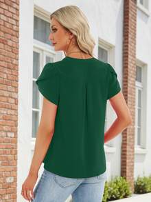 Funlingo Women Dressy Casual Tops Short Petal Sleeve V Neck Blouses Fashion 2026 Spring Pintuck Work Shirt Womens Short Sleeve Top Features Elegant Two-Layer Petal Sleeves, A Flattering V-Neckline, And Front Pintuck Pleats That Create A Polished, Flowy Shape - 綠色 - 查看 5