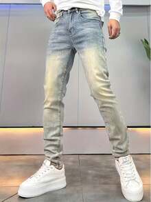 125 Autumn Winter Plus Size Men's Jeans, Heavy Duty Washed Natural Faded, Hand Rubbed Three-Dimensional Cat Whiskers Pattern, Retro Minimalist Style, Mid-Waist Design Elastic Slim Fit Small Straight Leg, Fabric Machine Washable, YKK Zipper Closure, Suitable For All Seasons, Business And Casual, Fashion Plus Size Men's Denim Pants - 泥黃色 - 查看 2