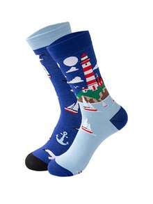 男士中筒袜一双，不对称设计，创意咖啡图案，时尚透气吸湿，适合日常穿着、度假、送礼、休闲及运动场合。 - 彩色 - 查看 9