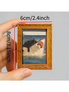 1pc Funny Hakimi Fridge Magnet, Black Cat Riding Shark Wooden Mini Decorative Painting, Wooden Fridge Magnet, Ocean Adventure Themed Home Decor, Amusing Kitchen Accessory - Multicolor - View 3