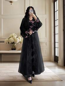 女士长款睡袍，黑色优雅派对礼服 - 刺绣蕾丝雪纺长款睡袍，配腰带和长袖衬里 - 黑色 - 查看 3