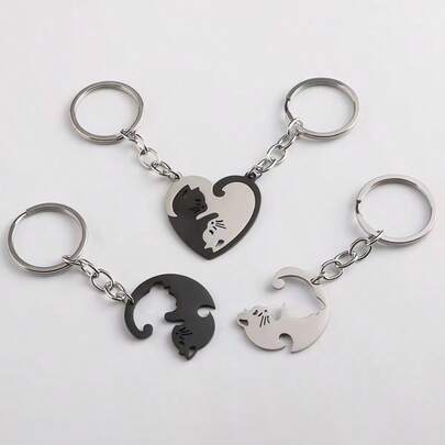 Couple Cat Keychain Pendant, Stainless Steel Anti-Lost Key Chain Ring Bag Accessory