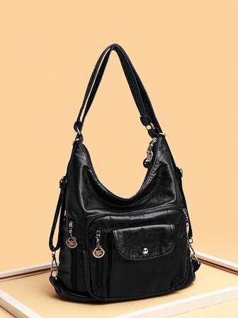 Mochila/bolso de hombro elegante y versátil de unicolor retro con múltiples bolsillos, para uso casual o de viaje