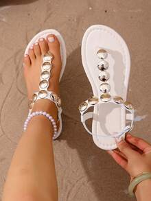 Sandal Jepit Wanita Musim Panas Terbaru Warna Polos dengan Tali Jari Kaki dan Gesper, Sandal Kasual Serbaguna untuk Liburan, Sandal Jepit - Putih - View 7