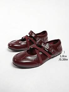 Giày Mary Jane màu đỏ retro đa năng mùa xuân 2025, giày da đế bằng mũi tròn phong cách thường ngày dành cho nữ. - Màu Đỏ Sâu - Xem 9