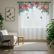 ستارة شفافة رومانسية بنقشة زهور وفراشات الأبعاد، خلفية بيضاء، مصنوعة من ألياف البوليستر، مناسبة للمنازل المؤجرة والغرف المعيشية والمطابخ والنوم، قابلة للإزالة والغسل في الغسالة، ستارة نافذة صغيرة - متعدد الألوان - مشاهدة 8