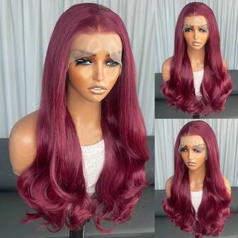 Peluca de encaje frontal sintético resistente de cabello Kanekalon Futura color borgoña de 22 pulgadas de largo, ondulado, sin pegamento, con media mano atada, línea de cabello natural, pre-arrancado, densidad del 150% para uso diario de moda, mujeres, niñas, fiesta, vacaciones y maquillaje