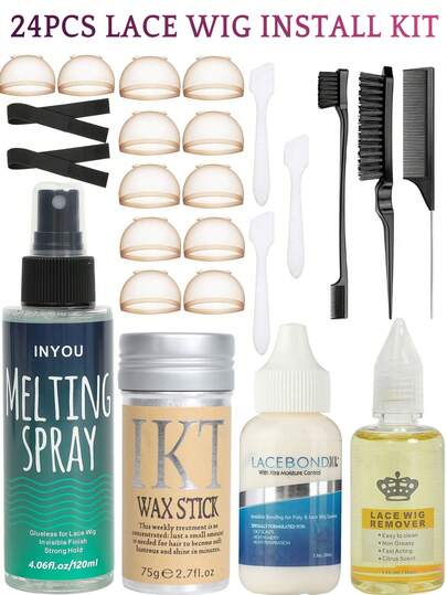 ikt Kit completo de instalación de peluca de encaje - Incluye spray para peinar, barra de cera para el cabello, pegamento de encaje, desmaquillante, cepillo para peinar y gorro de peluca para crear fácilmente el look perfecto.