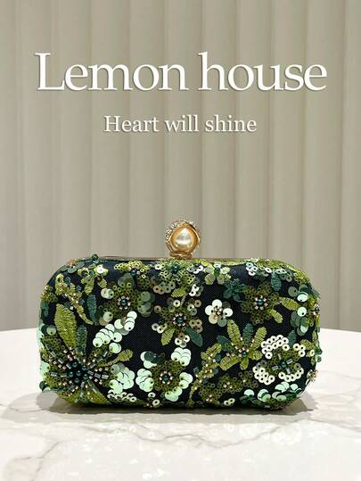 1pc Emerald Green Sequin Embroidered Beaded Decor Evening Clutch Bag, Elegant Party Handbag For Gala, Wedding, Prom, Cocktail And Other Formal Occasions