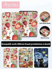 Ayotu 草莓、兔子和猫咪图案电子书保护套，适用于 Kindle（第 11 代 - 2024 年发布）、Kindle Paperwhite 第 12 代（2024 年发布）、Kindle Paperwhite 第 11 代（2021 年发布）、Kobo Clara 彩色/单色等型号。支持唤醒/睡眠模式，边角保护，精美插图，是完美的阅读伴侣。 - 彩色 - 查看 2