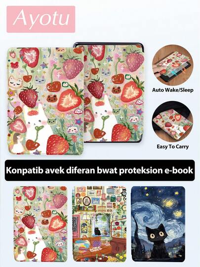 Ayotu 草莓、兔子和猫咪图案电子书保护套，适用于 Kindle（第 11 代 - 2024 年发布）、Kindle Paperwhite 第 12 代（2024 年发布）、Kindle Paperwhite 第 11 代（2021 年发布）、Kobo Clara 彩色/单色等型号。支持唤醒/睡眠模式，边角保护，精美插图，是完美的阅读伴侣。