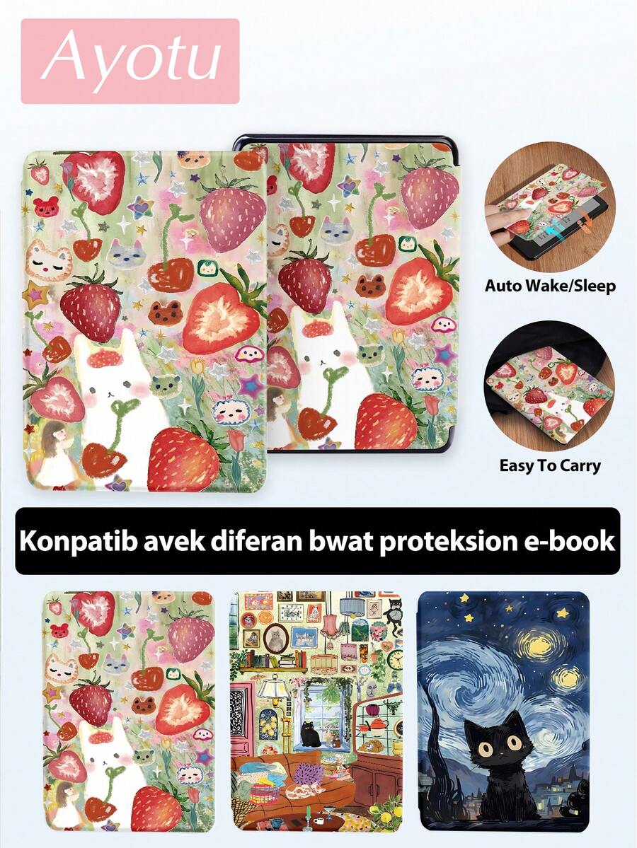Ayotu 草莓、兔子和猫咪图案电子书保护套，适用于 Kindle（第 11 代 - 2024 年发布）、Kindle Paperwhite 第 12 代（2024 年发布）、Kindle Paperwhite 第 11 代（2021 年发布）、Kobo Clara 彩色/单色等型号。支持唤醒/睡眠模式，边角保护，精美插图，是完美的阅读伴侣。