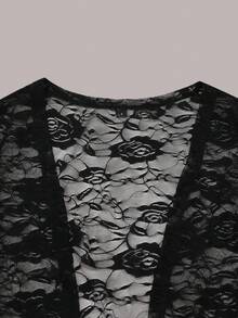 女士优雅蕾丝性感弹力喇叭袖外套+修身纯色收腰连衣裙，两件套性感套装，适合情人节、休闲派对等场合。 - 黑色 - 查看 5