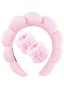 1个面部头带/2个面部腕带/3套SPA头带、化妆头带、面部头带、护肤头带、粉色天鹅绒蓬松海绵头带、蝴蝶结、泡泡头带、SPA头带、腕带、女士及女孩发饰套装 - 彩色 - 查看 17