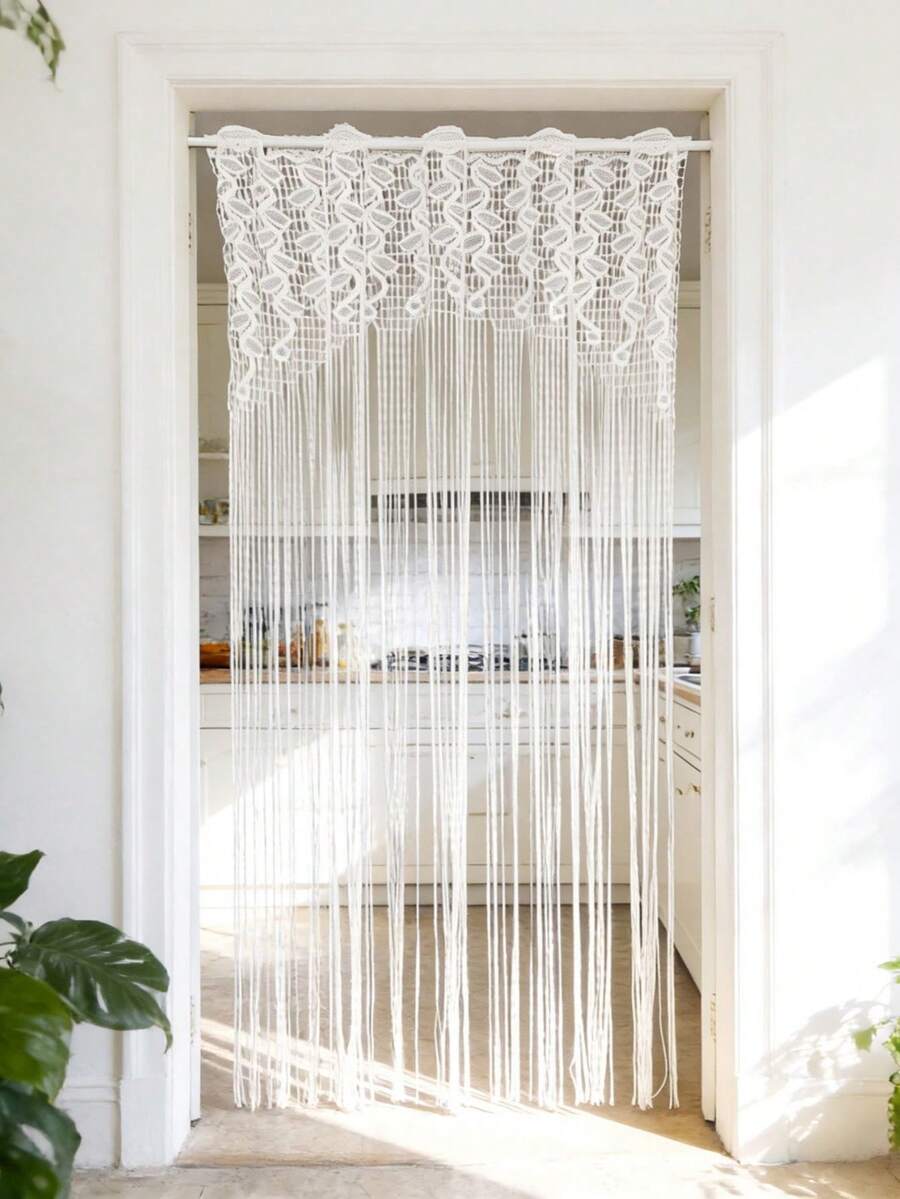 1件白色蕾丝门帘，长流苏，优雅树叶刺绣图案，公主风薄纱短款咖啡帘，适用于厨房、浴室、卧室门口，杆袋式顶部 - 白色 - 查看 1