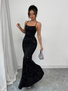 Vestido de fiesta de sirena con tirantes finos, largo y drapeado, sexy, sin espalda, para mujer - Negro - Ver 4