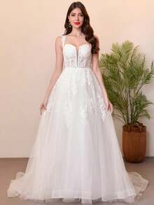 Elegant Sexy Deep V Neck Long Sleeveless Wedding Dress A-Line Off The Shoulder Sweep Train Tulle Lace Wedding Dress With Sequins - White - View 3