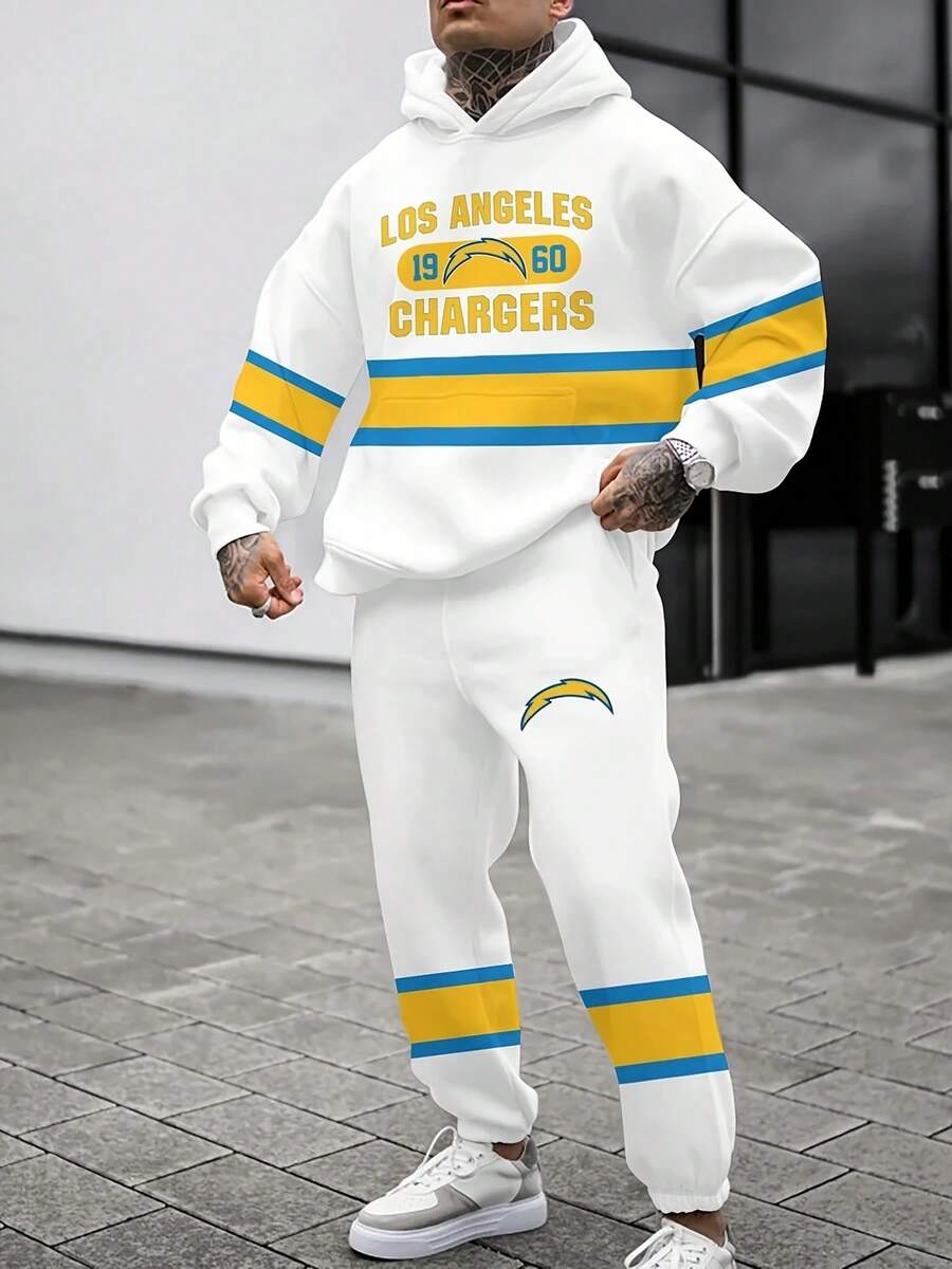 Los A-Ngeles Chargers Casual Hoodie Jogging Sweatpants Tracksuit Set, Football Team Men's Tracksuit Set, Men's Game Day Hoodie Set - 彩色 - 查看 1