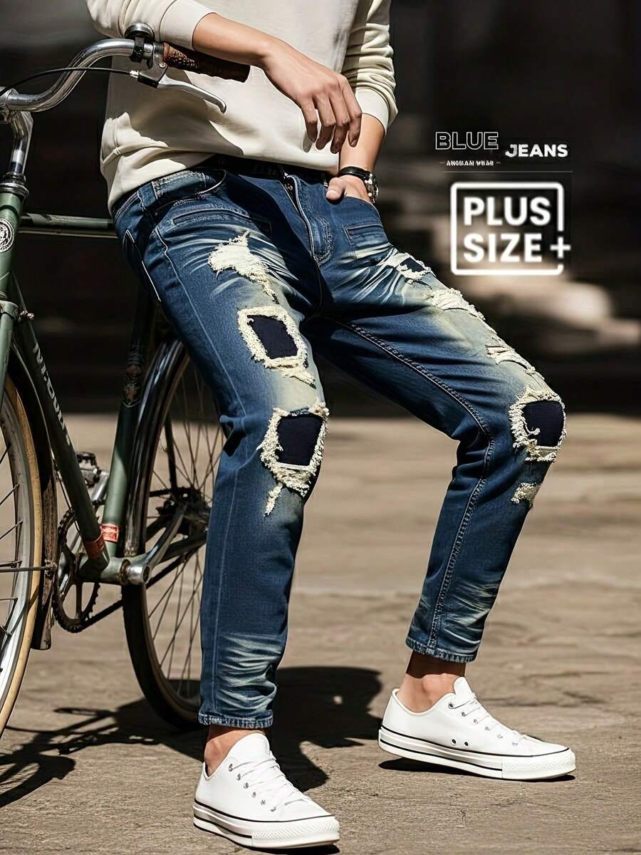 Men's Retro Denim Pants, Three-Dimensional Cut With Multiple Pockets, Heavy-Duty Washed With Hand-Rubbed Cat Whiskers Pattern, High Street Fashion Ripped Patched Distressed Design, Mid-Waist Elastic Slim Fit Straight-Leg, Suitable For All Seasons, Machine Washable Fabric, YKK Zipper Closure, Street Fashion Men's Plus Size Jeans - 海藍色 - 查看 1