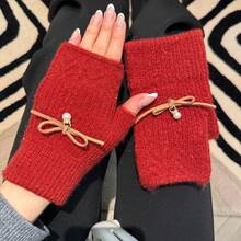 1 Pair Thick Fluffy Warm Winter Fingerless Gloves For Women, Elegant Solid Color Knitted Fleece Warm Gloves, Windproof Wedding Gloves Design, Versatile For Office, School, Writing, Dating, Cycling, Parties, Suitable For Autumn/Winter Outdoor Activities And Daily Wear - Multicolor - View 7