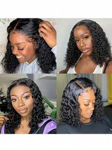 【短款假发】13x4 透明蕾丝前额深波浪波波头真人发假发，200% 密度，专为女性设计的深波浪卷发波波头假发，采用 13x4 蕾丝前额设计，200% 密度，佩戴舒适，发型顺滑。短款深波浪蕾丝前额假发，13x4 短款波波头真人发假发，200% 密度，透明深波浪卷发，预先拔毛，适合女性，自然黑色短款假发。 - SNatural - 查看 4