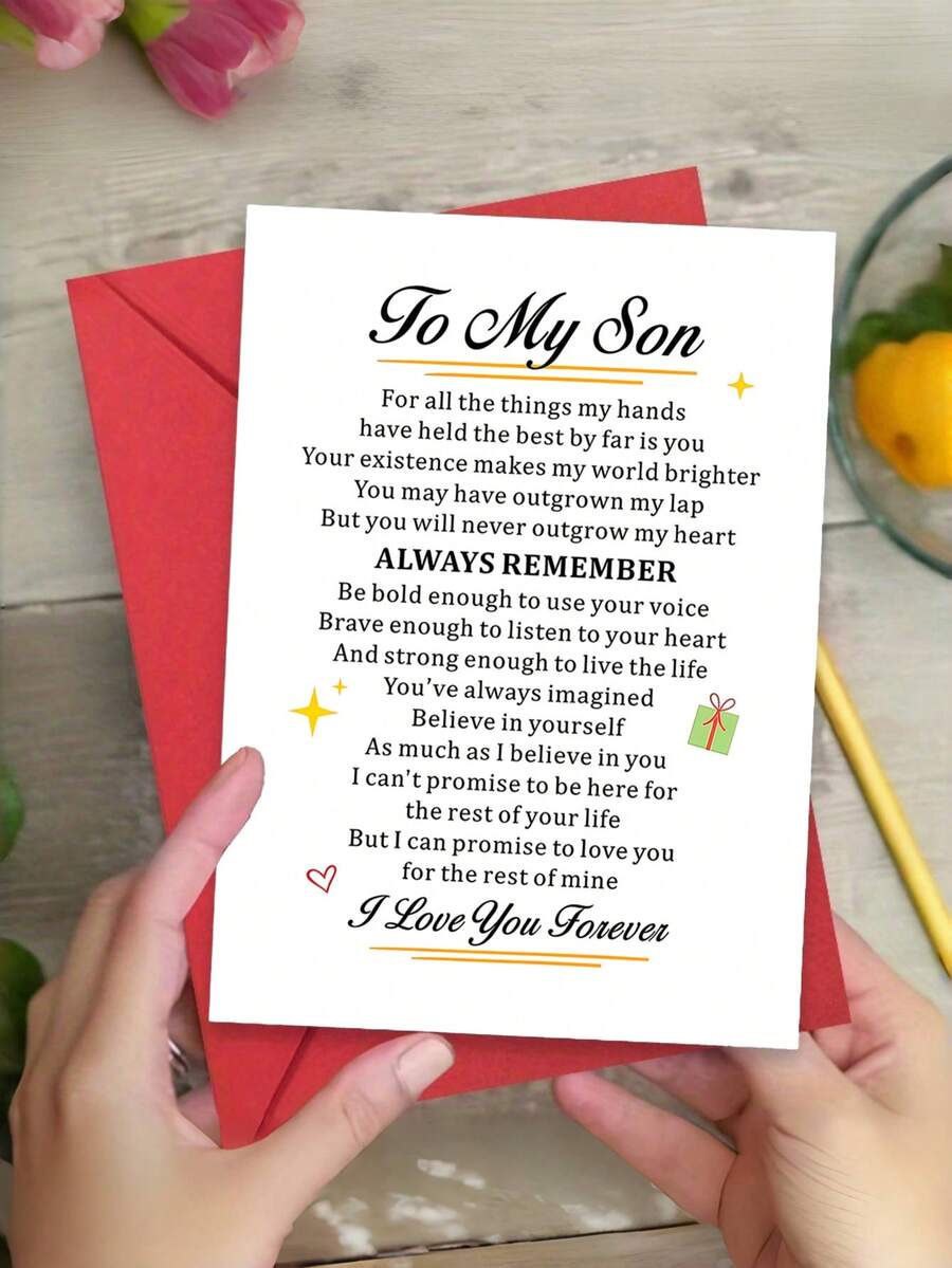 1 tấm thiệp sinh nhật đầy xúc động "Gửi con trai yêu quý - Mẹ yêu con mãi mãi" kèm phong bì - Thiệp kỷ niệm ý nghĩa từ cha mẹ dành cho con trai - Thiệp nhắn nhủ đầy tình cảm cho những dịp đặc biệt và cột mốc quan trọng của con trai, có trang bên trong để trống viết lời nhắn. - Nhiều màu - Xem 1