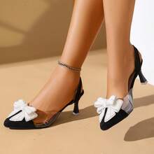 Women's Elegant Pearl Bow Pointed Toe Stiletto High Heel Shoes, Backless Party Dress Sandals - Black - View 3