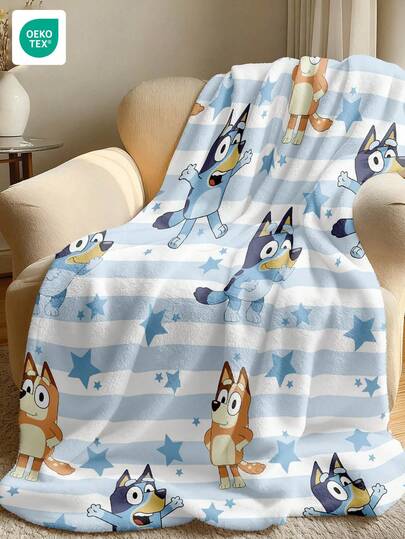 1pc Bluey Flannel Blanket - Ideal For Room Decor, Super Soft, Lightweight, Cartoon Printed, Patterns Of Bluey Throwing Balloons And Bluey Chef, Suitable For Home Use, Daily Use, Also A Great Birthday Gift For Friends, Family Or Yourself, Cozy Warmth, Soft & Easy Care, Cute Style, Bluey Fringed Blanket, Cartoon Theme Pattern, Bluey Home Textile, Blanket. Note: 28*39 Inches - Very Small Size