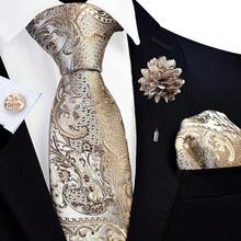 GUSLESON 8cm Paisley Tie Set For Men Necktie Lapel Pin Pocket Square Cufflinks Set For Men,Khaki/Champagne - Khaki/Champagne - View 3