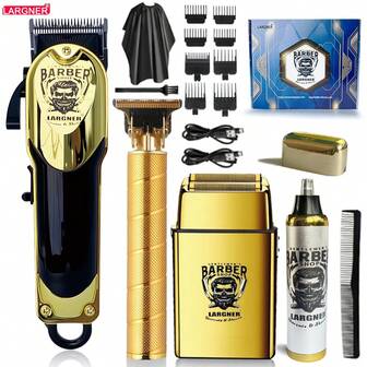  LARGNER 4-In-1 Men's Professional Gold Grooming Kit - USB Rechargeable Haircut Set With LCD Display, Including Electric Shaver, T-Blade Trimmer, Nose Hair Trimmer, 8 Guide Combs, 3 USB Cables, 1 Cleaning Brush And Comb - Ideal Gift