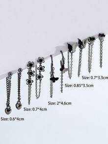5对蝴蝶、花朵、心形链条耳环套装（女士款） - 黑色 - 查看 3
