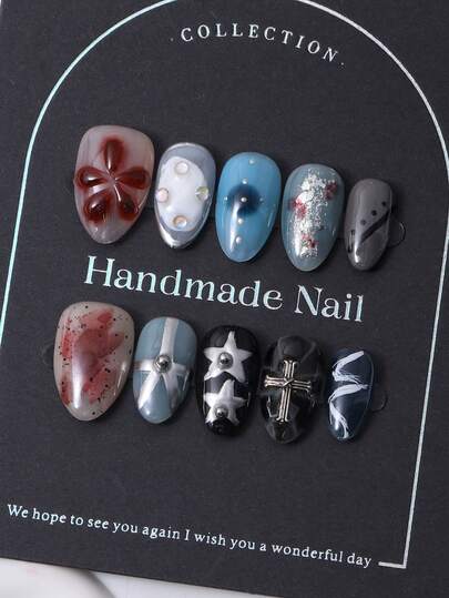 10pcs/Set European And American Handmade Short Almond Shaped Nail Stickers In Y2K Multi Color Style & 3D Handcrafted Cross Inlay & Handcrafted Five Point Star Gradient Fading With Fine Glitter Cat Eye Print Design For Nail Decoration. 1 Piece Of Jelly Gel And 1 Piece Of Nail File, Very Suitable For Daily Life As Well As Coachella Music Festival Party Outfits, Press On Nails And Nail Care Products.