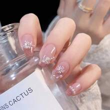 24pcs Handmade Press-On Nails, Elegant Pink Gradient With 3D Floral & Pearl Accents, Long Square Shape, Glossy Finish - Easy To Apply, Full Coverage Fake Nails For A Chic Look - 24件粉紅色 - 查看 4