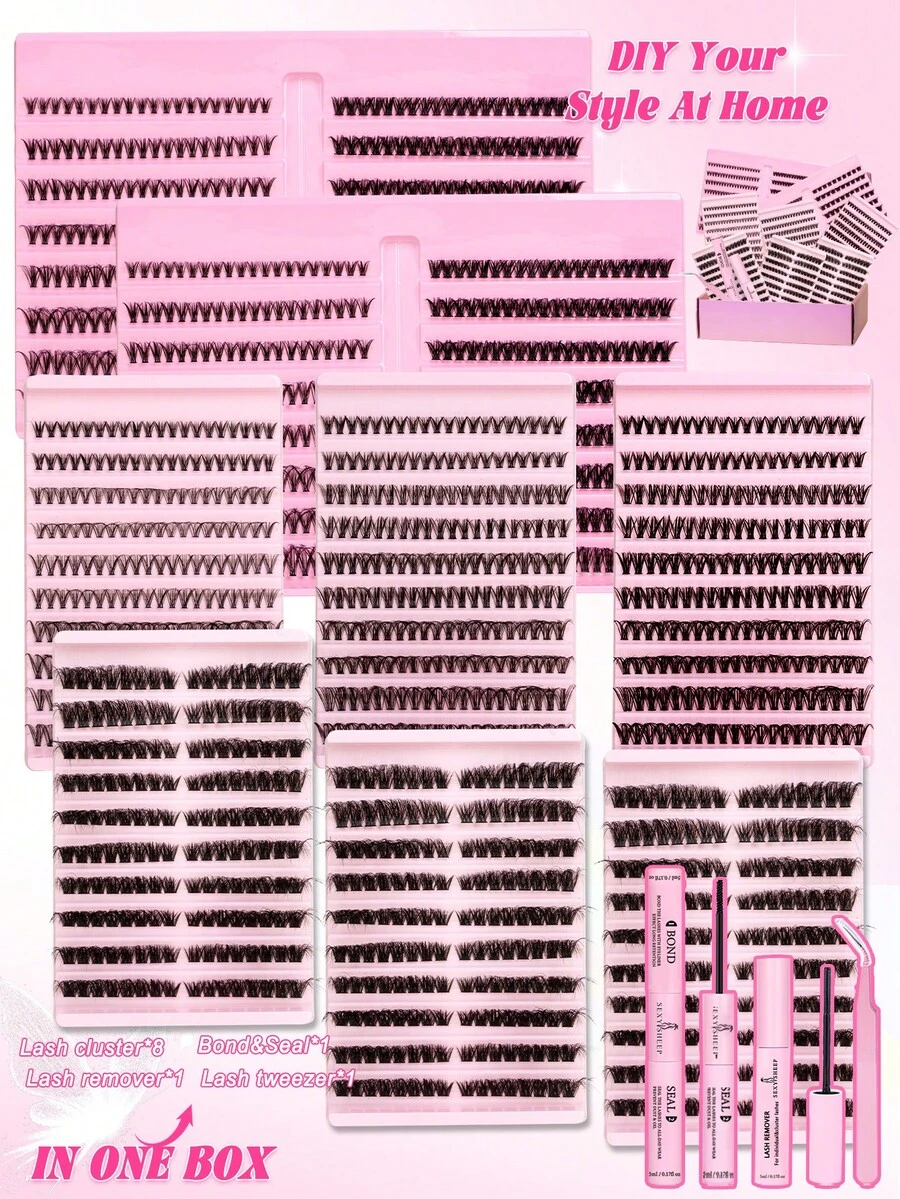 1624pcs,320pcs, 224pcs, 200pcs, 160pcs, D Curl, 30D 60D 80D 100D Eyelash Extension Kit, DlY Eyelash Extension Kit, Individual Lashes Cluster, Lash Clusters With Lash Bond, Lash Remove And Seal And Tweezers Tools, Suitable For Daily Commuting Or Holiday Celebration And Convenient For DIY Eyelash Makeup Design At Home - 黑色 - 查看 1