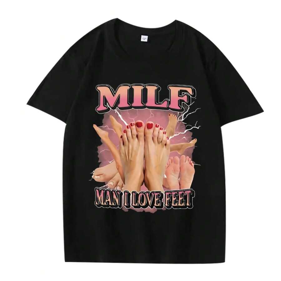 Nueva llegada de ropa para hombres, camiseta gráfica para hombres, camiseta para hombres, ropa de hombre, I Love Feet, de manga corta y cuello redondo. - Negro - Ver 1