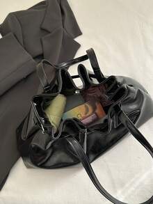 New Vintage Style Drawstring Bucket Bag, Lightweight Minimalist Design, Large Capacity, Solid Color Soft Leather Shoulder Bag - Black - View 6