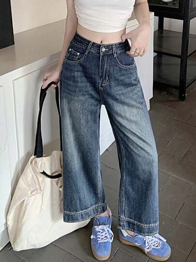 韩版高腰直筒牛仔裤，夏季新款时尚修身七分裤