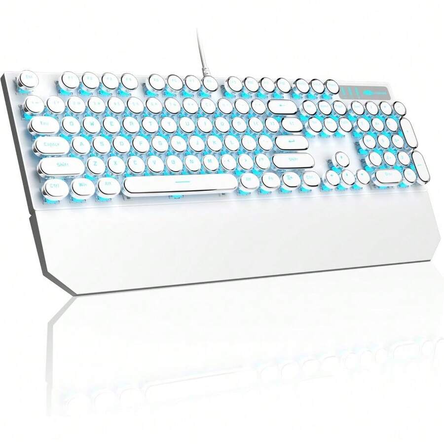 MageGee Typewriter Mechanical Gaming Keyboard, Retro Black Punk Round Keycaps RGB Rainbow Backlit Wired Keyboards For Laptop  PC Gamer, With Magnetic Wrist Rest - Blue Switch - White - View 1