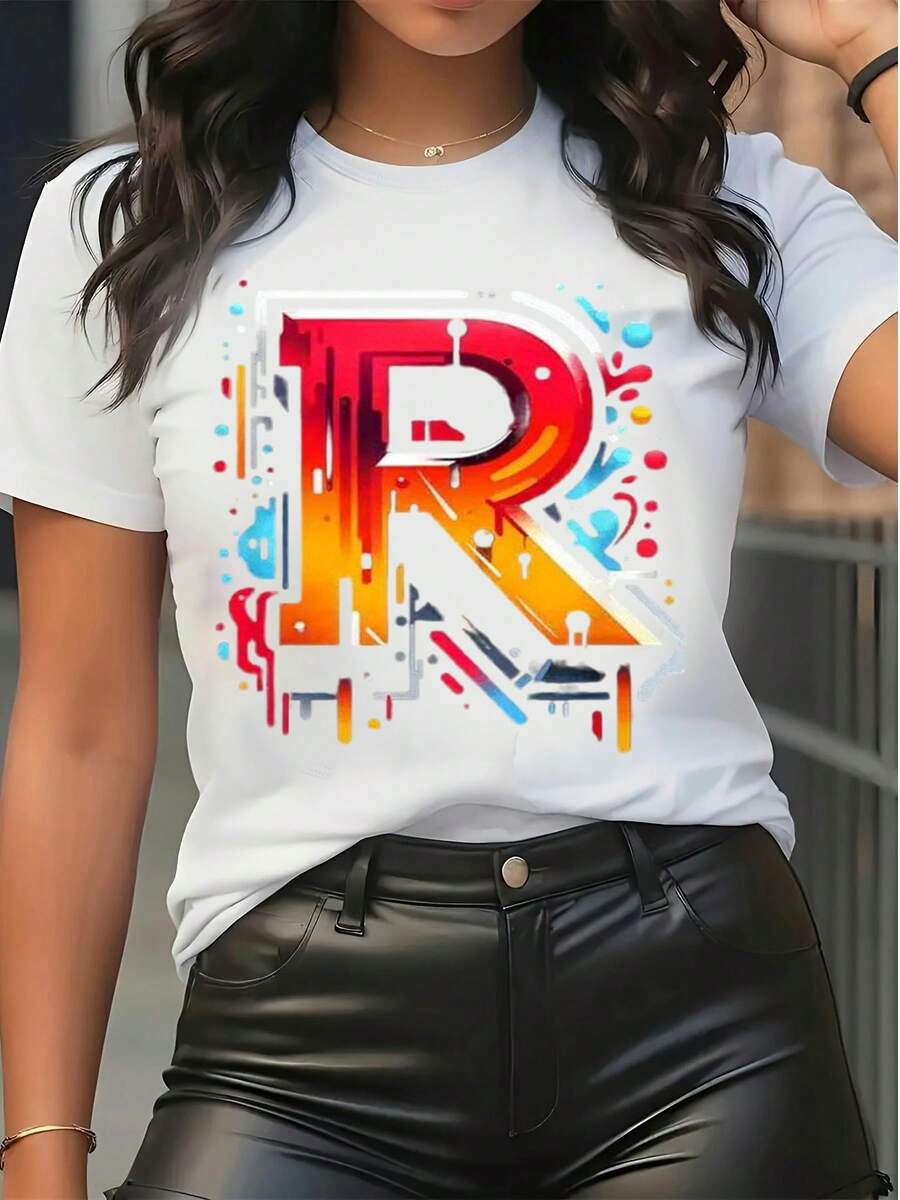 Damen Lässiges Kurzarm Grafik T-Shirt mit buntem Buchstaben R Muster, Streetwear T-Shirt, Sommer, locker geschnitten, Rundhals-Oberteil - Weiss - Übersicht 1
