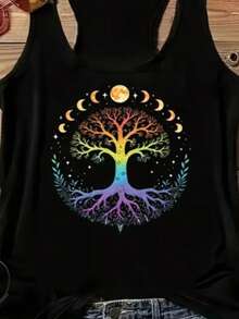 Women's Tank Top With A Cool Tree Print, Lightweight And Comfortable 100% Cotton Fabric, Round Neck, Suitable For All Occasions. - 黑色 - 查看 2
