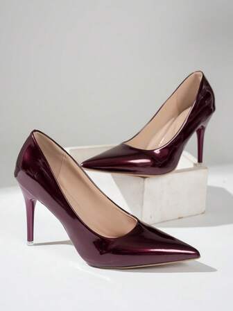 复古风细跟高跟派对女鞋，春秋新款撞色尖头低帮超高跟鞋，镜面红底时尚高跟鞋，优雅正式礼服鞋