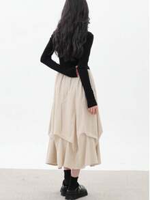 百褶A字裙，松紧腰，中长款，高腰显瘦，2026春季新款女装 - 杏色 - 查看 5