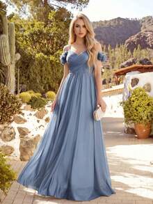 春季碎花露肩无袖淡蓝色伴娘礼服，露背设计，优雅闪亮，适合正式晚宴、生日派对等场合。 - 霧霾藍 - 查看 2