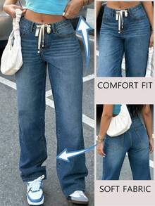 Women's Casual Loose Wide Leg Drawstring Waist Denim Jeans - Blue - View 5