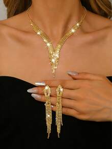 1 Set Women's Full Rhinestone Gold Jewelry Set, Shiny V-Shaped Necklace + Tassel Earrings, Crystal/Copper Material, Formal Occasion, Valentine's Day Gift - Multicolor - View 2