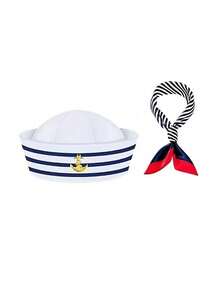 服装套装、帽子套装、帽子组合、角色扮演服装、海军帽、白色帽子、复古平顶军帽、海军上尉水手帽、蓝白条纹、船长帽、水手帽、套装、圆顶、游艇装、派对、万圣节、情人节、礼物、夏季、派对服装、百搭、性感服装、派对用品、服装配饰组合、适合各种场合，如活动、派对、海边、度假、沙滩和日常穿着 - 彩色 - 查看 9