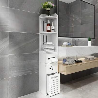 EZIFY White Bathroom Storage Cabinet Slim Freestanding - Moisture-Proof Wood-Plastic With Drawers, Over Toilet Shelf For Towels Cosmetics Toiletries
